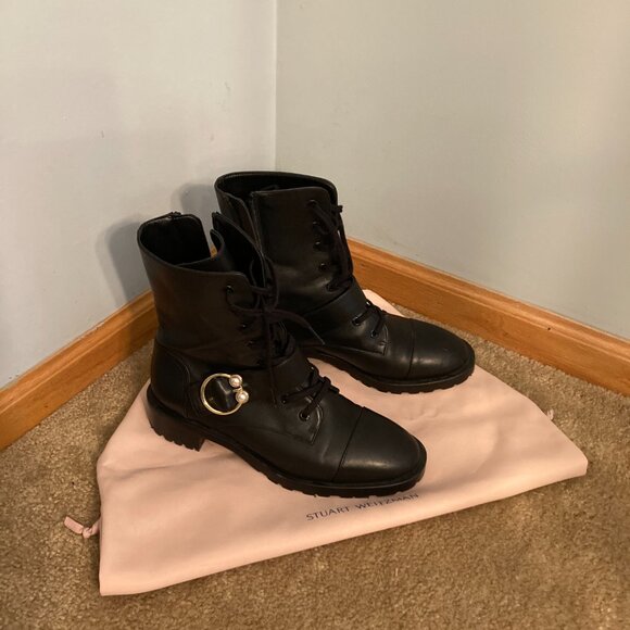Stuart Weitzman Black Leather Ankle Combat Boots Pearl Ring Women US Size 7 - Picture 1 of 16
